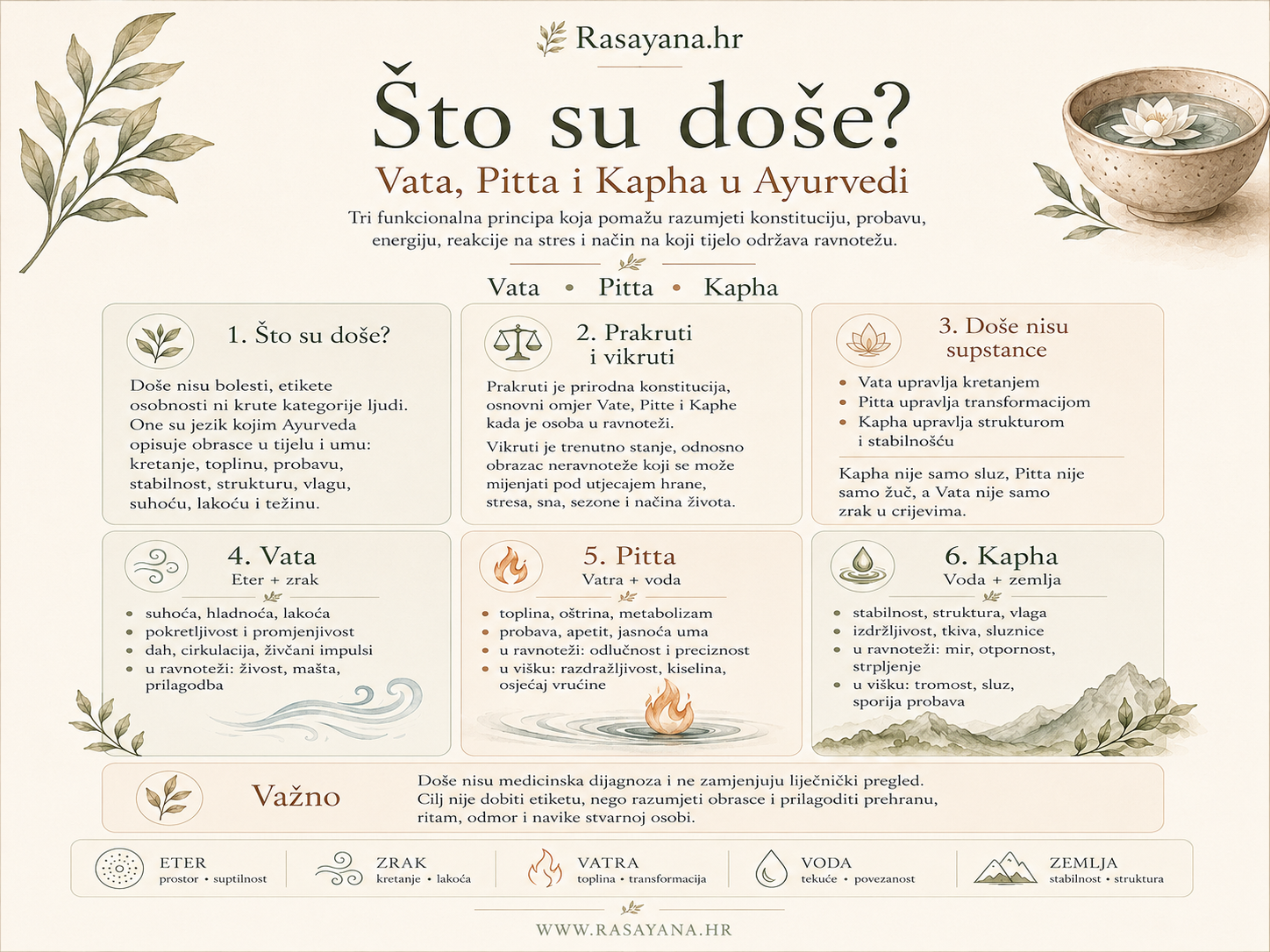 Plakat s pregledom svojstava Vate, Pitte i Kaphe