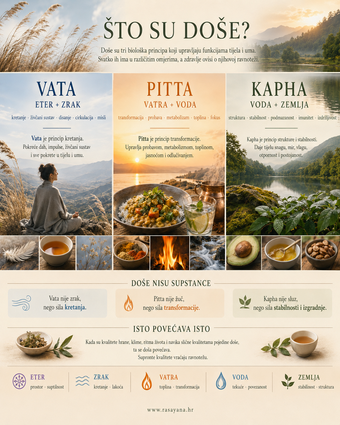 Ilustracija triju dosha u Ayurvedi