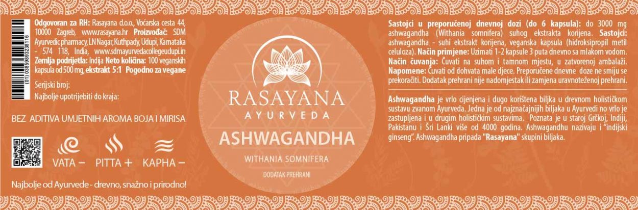 Deklaracija Ašvaganda Ashwagandha kapsule Withania somnifera Ekstrakt Svježeg Korjena Suplement Dodatak prehrani Rasayana Ayurveda Proizvod
