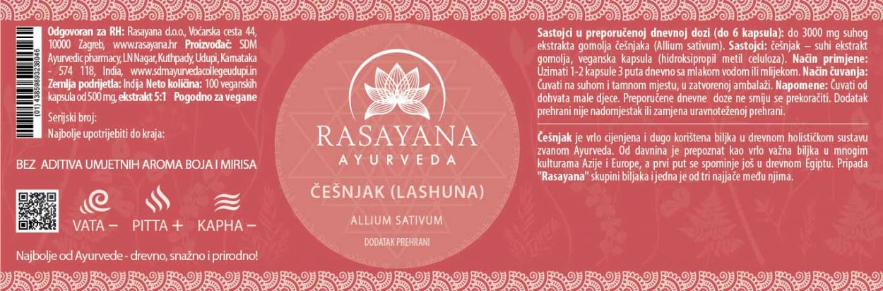 Deklaracija Cesnjak u kapsulama Lashuna Allium sativum Ekstrakt svježeg gomolja Suplement Dodatak prehrani Rasayana Ayurveda Proizvod