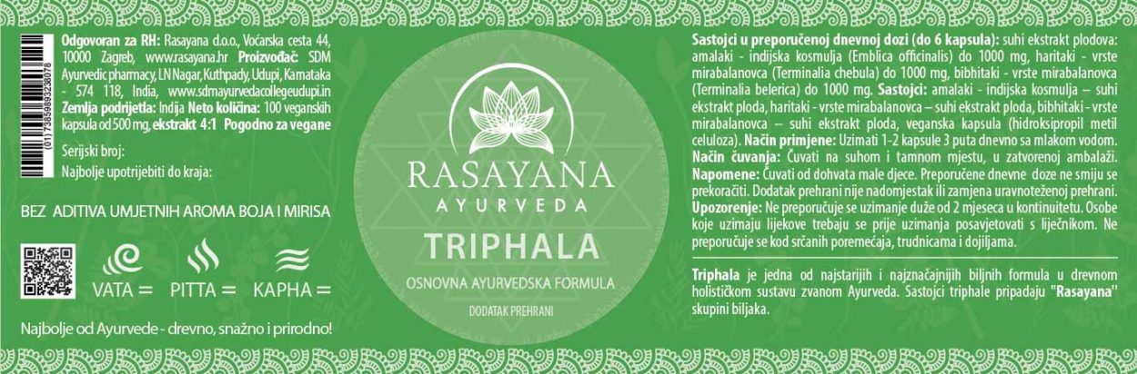 Deklaracija Triphala kapsule Ayurvedska formula Amalaki Bibhitaki Haritaki Suplement Dodatak prehrani Rasayana Ayurveda Proizvod